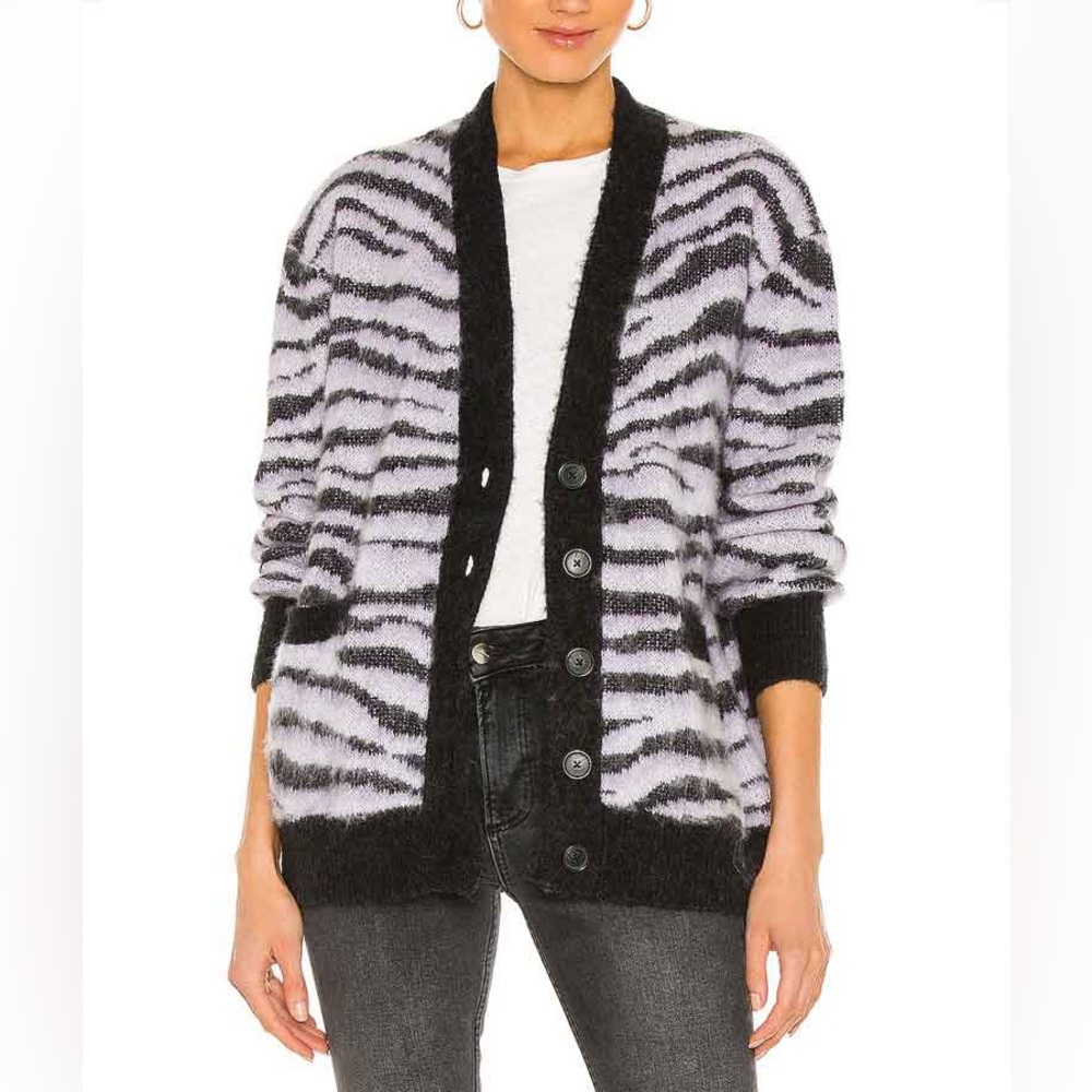 RE/DONE 90s Oversized Cardigan Tiger Intarsia Knit V-Neck Button Front Sweater